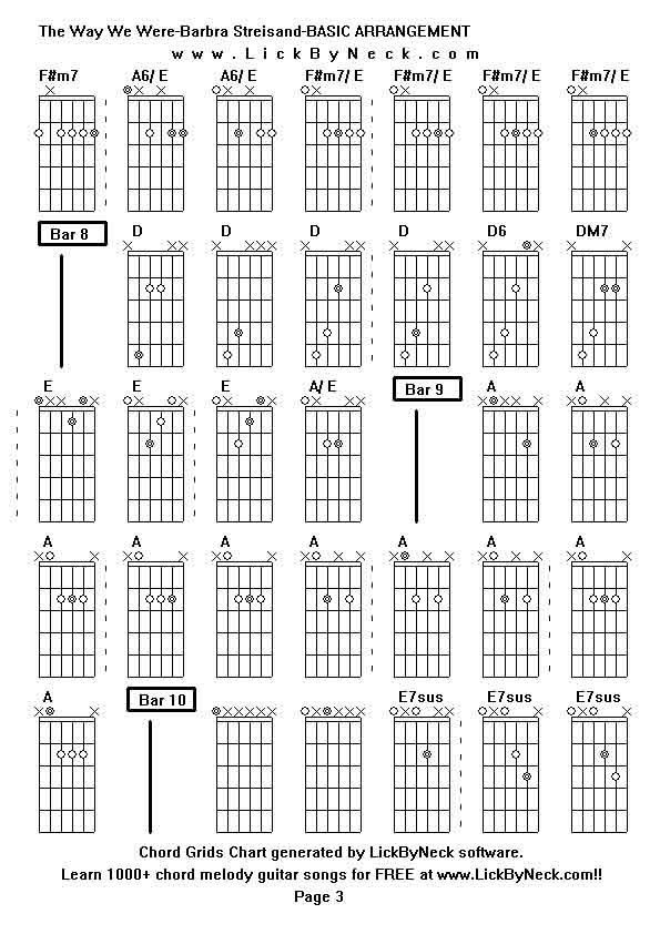 Chord Grids Chart of chord melody fingerstyle guitar song-The Way We Were-Barbra Streisand-BASIC ARRANGEMENT,generated by LickByNeck software.